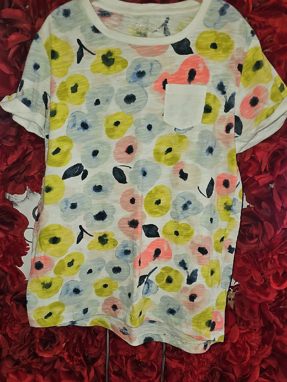 Cherokee Floral Pocket Tee - White with Yellow, Blue and Coral Detail Size 10/12